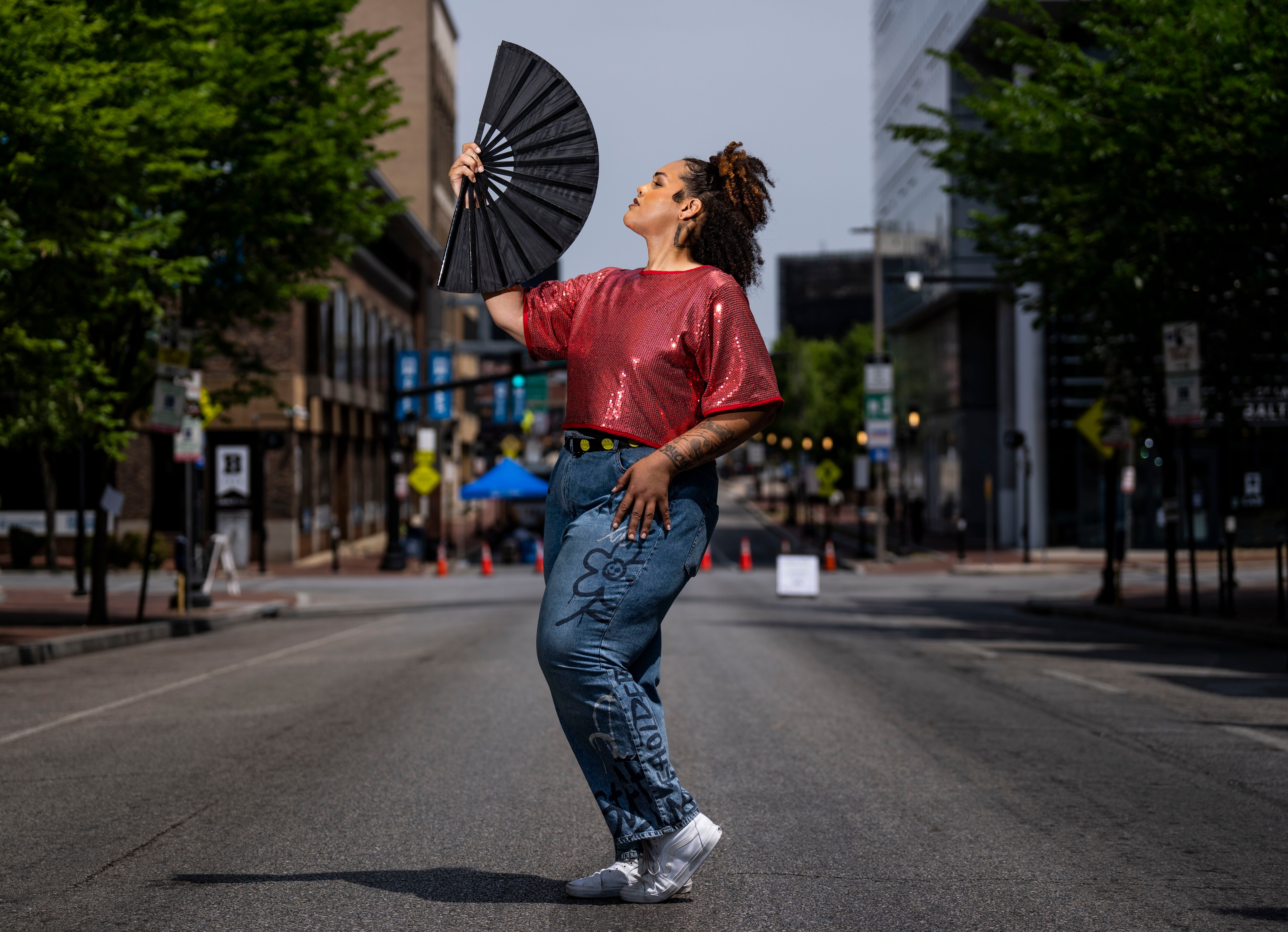 Kaotic Couture, a Baltimore-based DJ, poses for a portrait in Baltimore, Saturday, June 3, 2023. 