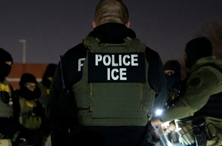 U.S. Immigration and Customs Enforcement officers gather for a briefing before an enforcement operation, Monday, Jan. 27, 2025, in Silver Spring, Md.