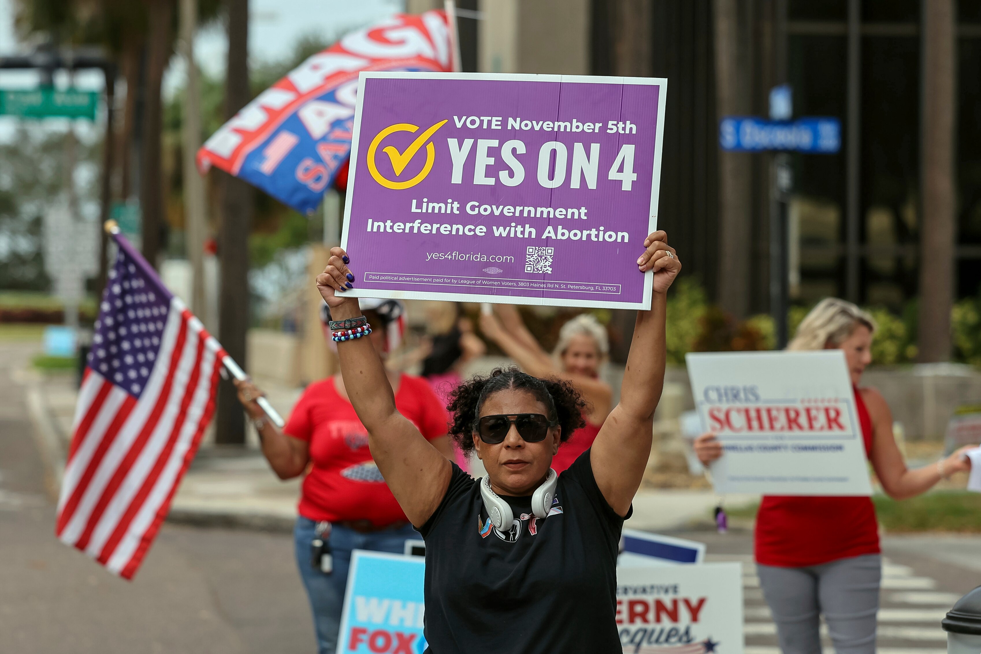 Beth Weinstein rallies in supporter of Yes on Amendment 4 regarding abortion in Florida outside of the polling place at the courthouse on Tuesday, Nov. 5, 2024, in Clearwater, Fla.