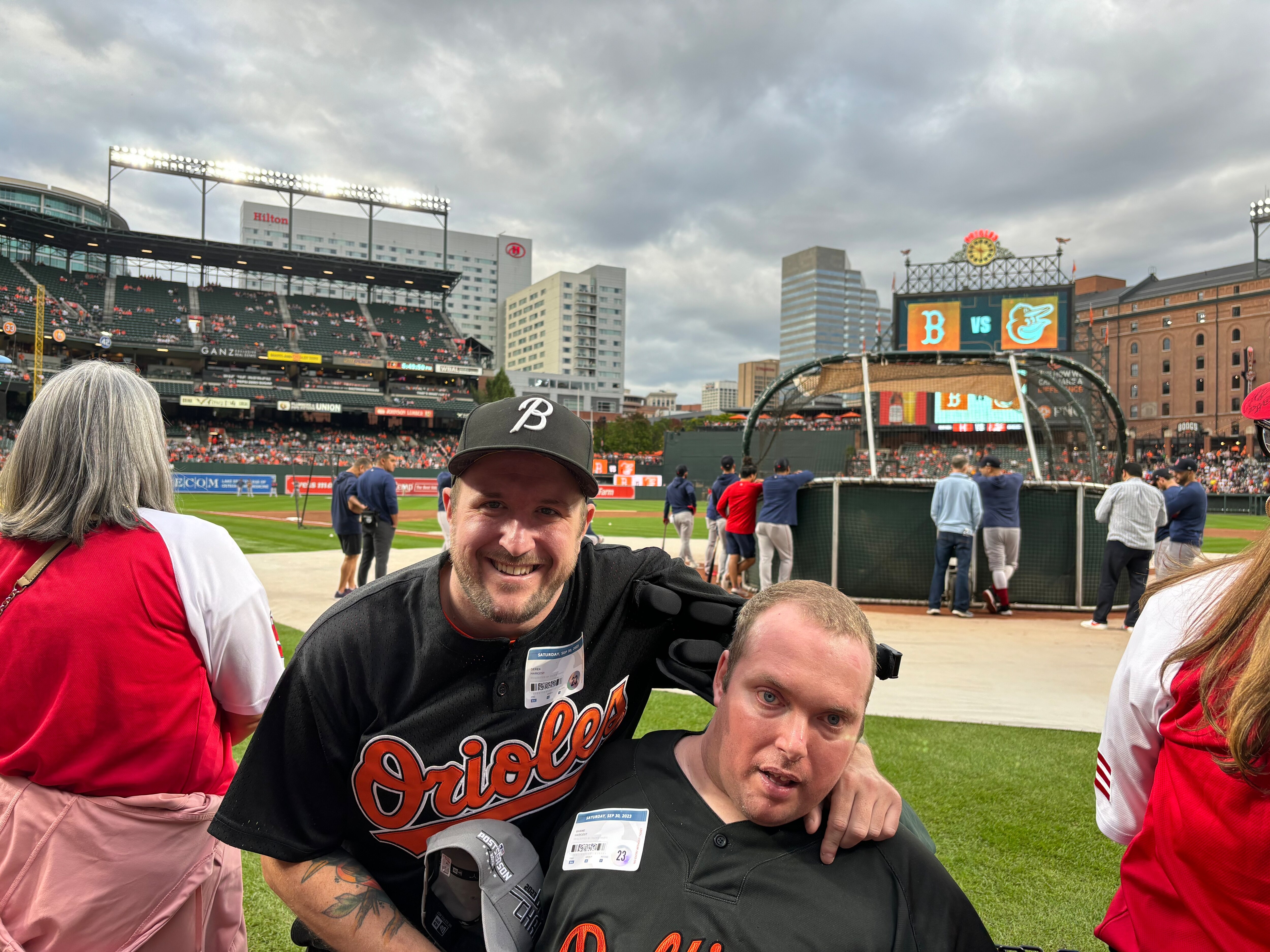 Derek (left) and Shane Hargest enjoy their time on the field during batting practice ahead of Saturday’s Orioles game against the Boston Red Sox