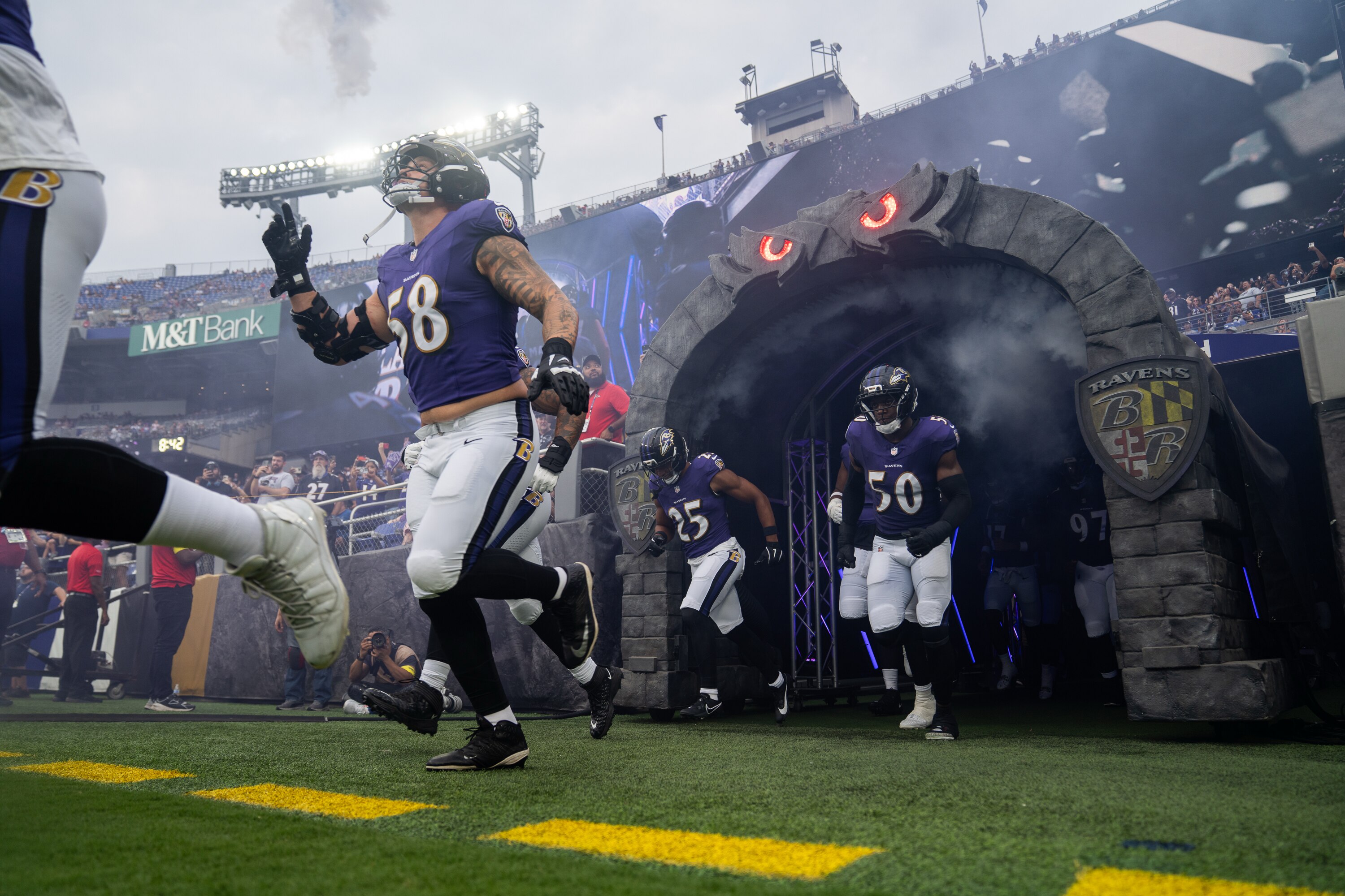 The Baltimore Ravens make their entrance for their preseason opener versus the Indianapolis Colts.