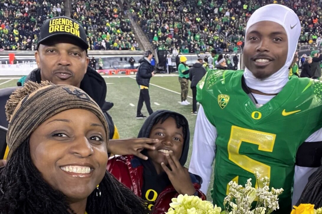 Khyree Jackson, right, with his father, Raymond Jackson, mother, Ebbony Jackson, and brother, Kolston. Khyree was killed in a July 2024 vehicle collision in Upper Marlboro months after being drafted by the Minnesota Vikings in the NFL Draft.