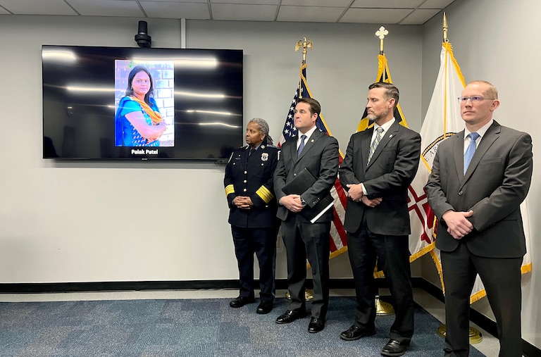 From left: Anne Arundel County Police Chief Amal E. Awad, William J. DelBagno, special agent in charge of the FBI’s Baltimore Field Office, FBI Special Agent Jonathan D. Shaffer and homicide detective Vincent Carbonaro. Law enforcement officials gathered Friday to discuss the 10-year search for the suspect in Palak Patel's killing in Hanover.