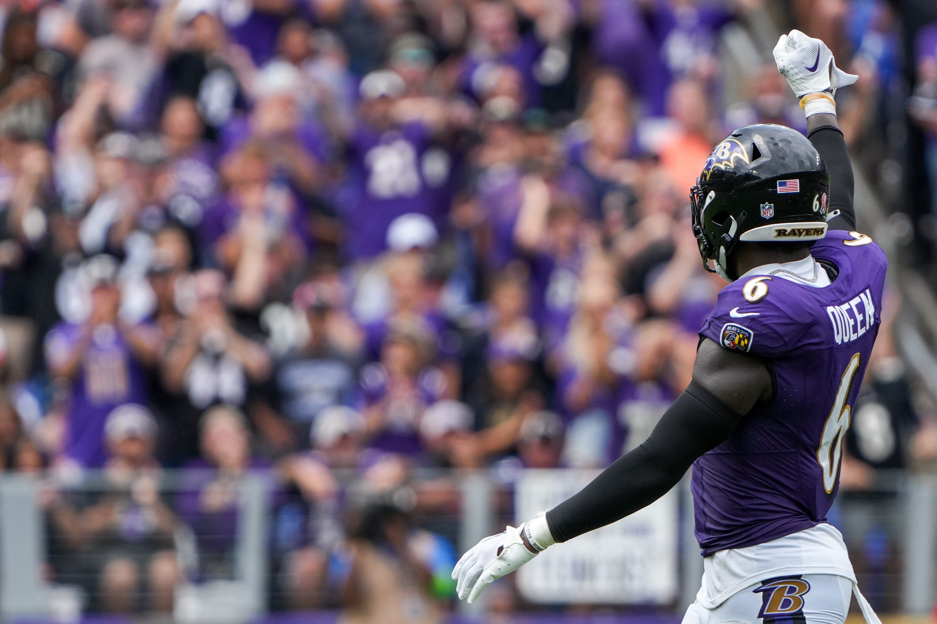 Baltimore Ravens linebacker Patrick Queen (6) raises his fist in celebration of a third down defensive stop in the opening game of the season against the Houston Texans at M&T Bank Stadium on Sunday, September 10, 2023.