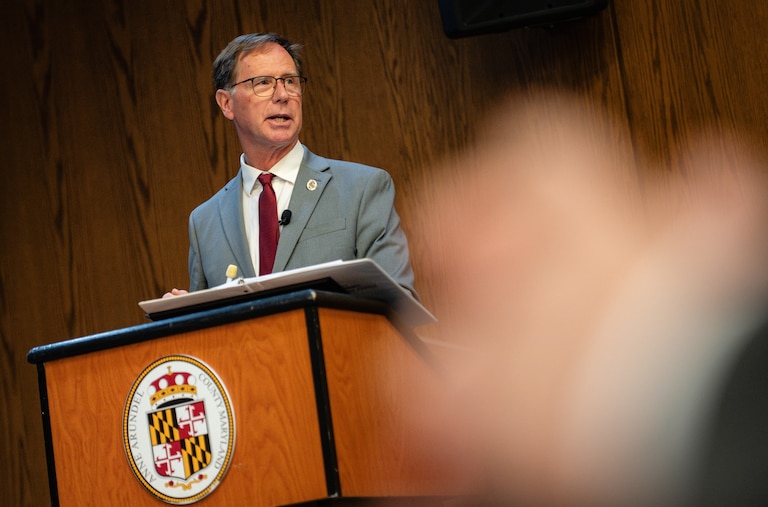Anne Arundel County Executive Steuart Pittman announces his budget proposal to the Anne Arundel County Council on May 1st, 2025 in Annapolis, MD.