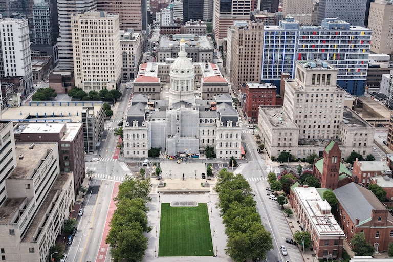 An aerial view of Baltimore City Hall in Baltimore, Md. on Saturday, July 19, 2025.