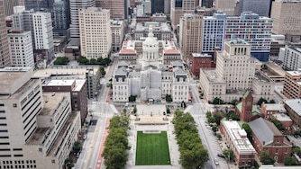 An aerial view of Baltimore City Hall in Baltimore, Md. on Saturday, July 19, 2025.