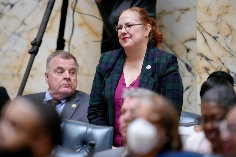 Del. Heather Bagnall, an Anne Arundel County Democrat, attends Gov. Wes Moore’s State of the State address in the Maryland State House in Annapolis, Md. on Wednesday, February 5, 2025.