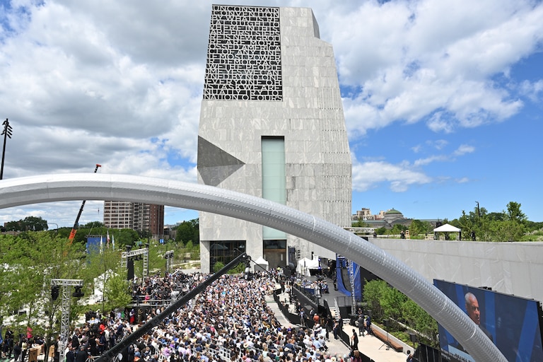 Former President Barack Obama speaks during the dedication ceremony for the Obama Presidential Center, Thursday, June 18, 2026, in Chicago.