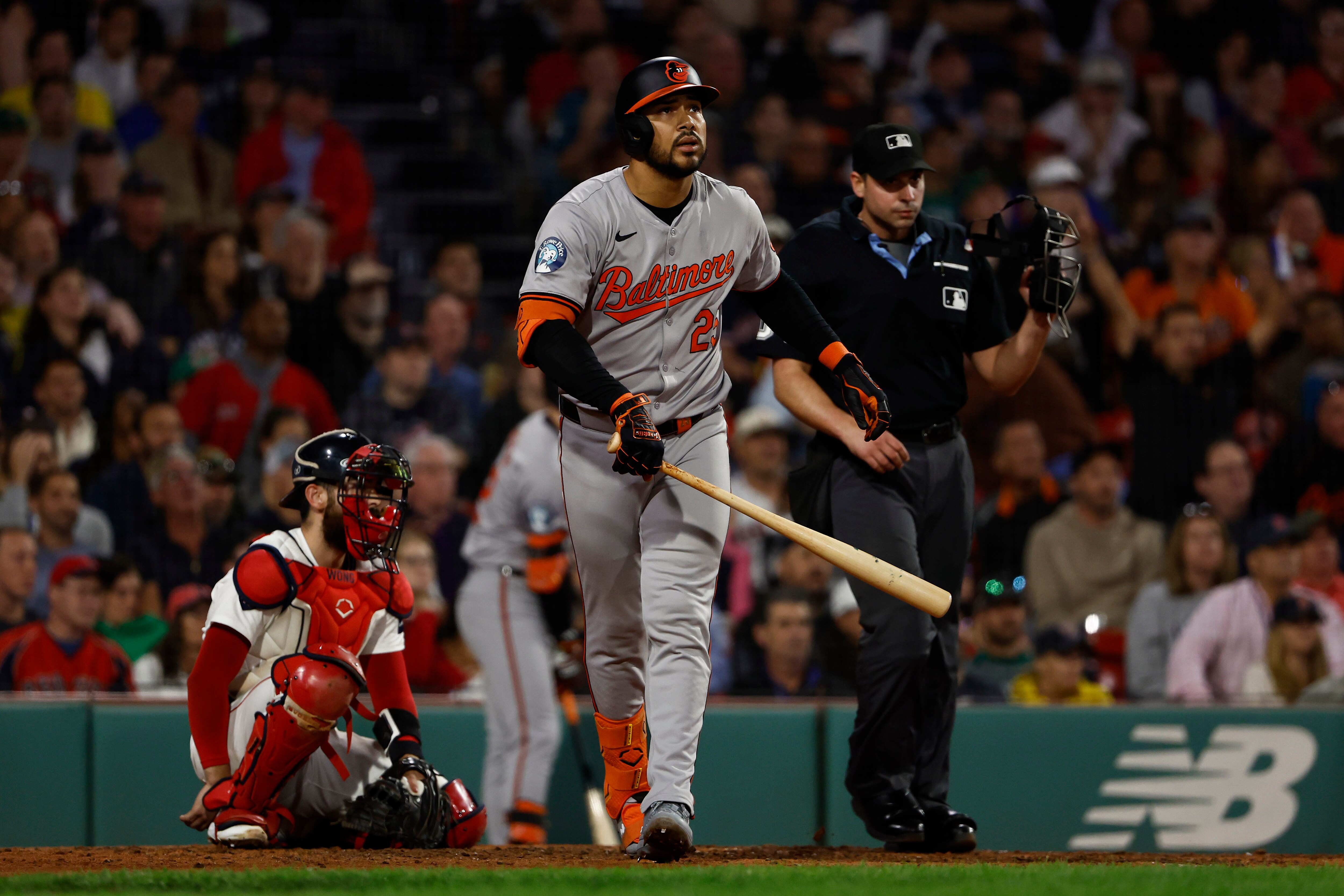 The Orioles’ Anthony Santander watches his game-tying home run in the top of the eighth inning.