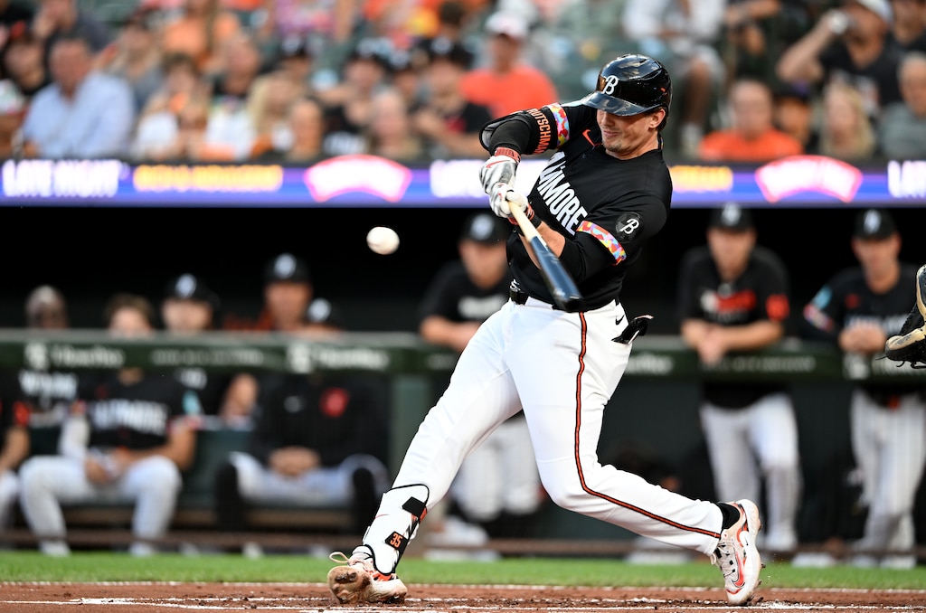 Adley Rutschman #35 of the Baltimore Orioles hits a two-run home run in the first inning against the Athletics at Oriole Park at Camden Yards on August 08, 2025 in Baltimore, Maryland.