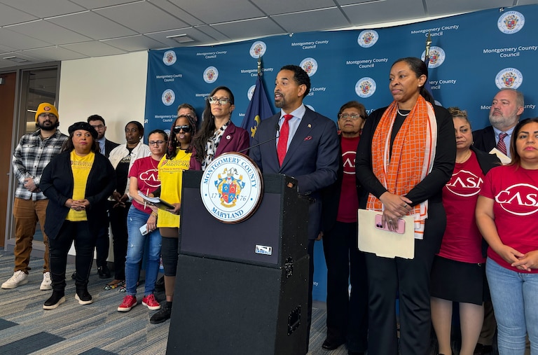 MARCH 10, 2026 - Montgomery County council member Will Jawando speaks at a press conference in Rockville about his legislation to prohibit algorithmic rent price fixing.