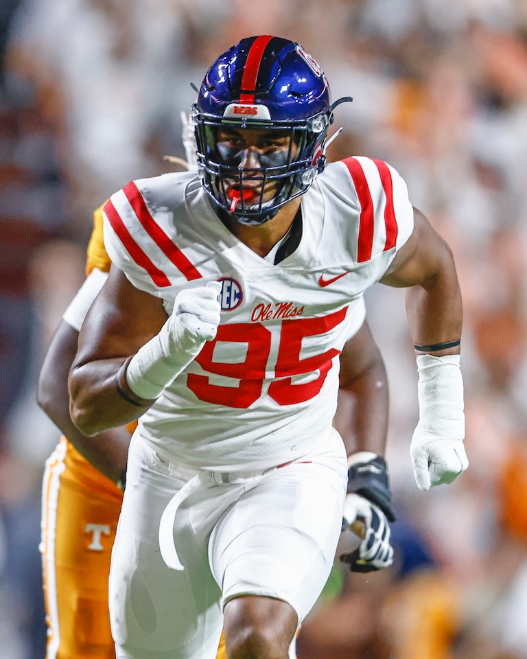 Mississippi defensive lineman Tavius Robinson (95) plays against Tennessee during the first half of an NCAA college football game Saturday, Oct. 16, 2021, in Knoxville, Tenn.