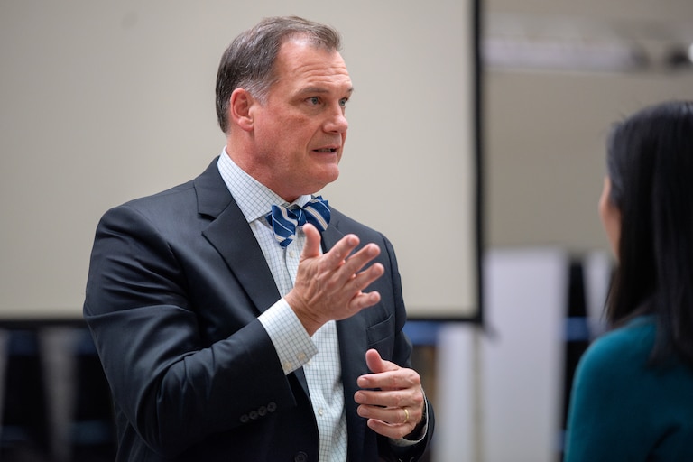 Harford County Schools Superintendent Dr. Sean Bulson speaks with community members at Aberdeen High School following a presentation on the school system's budget shortfall on November 20, 2024, in Aberdeen, Md.