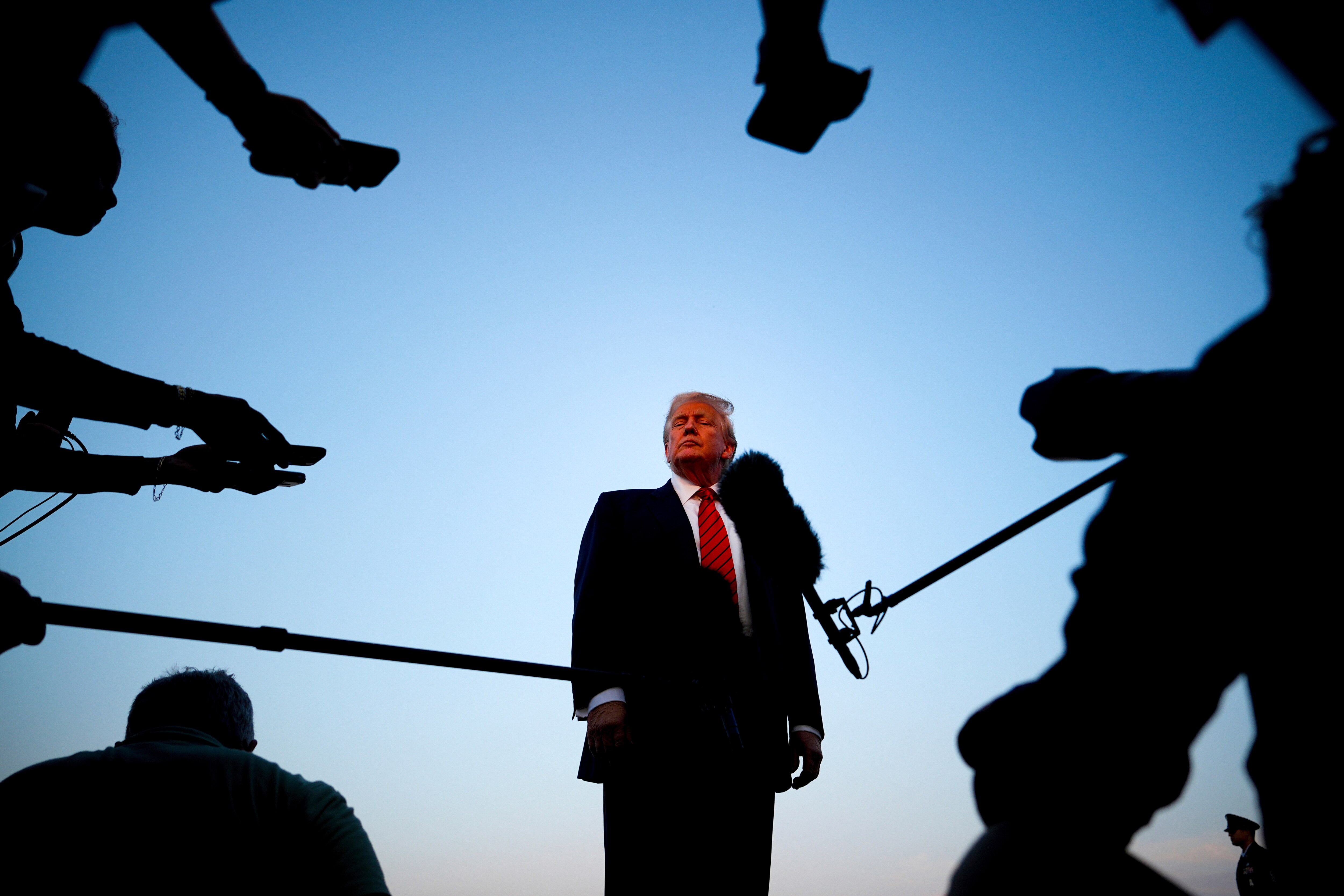 President Donald Trump speaks with reporters before boarding Air Force One at Lehigh Valley International Airport, in Allentown, Pa., Aug. 3, 2025.