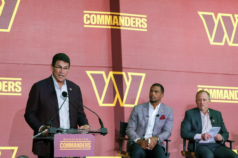 Ron Rivera, Head Coach of the Washington Commanders, delivers remarks during a press conference introducing the team's new ownership at FedExField on July 21, 2023 in Landover, Maryland.