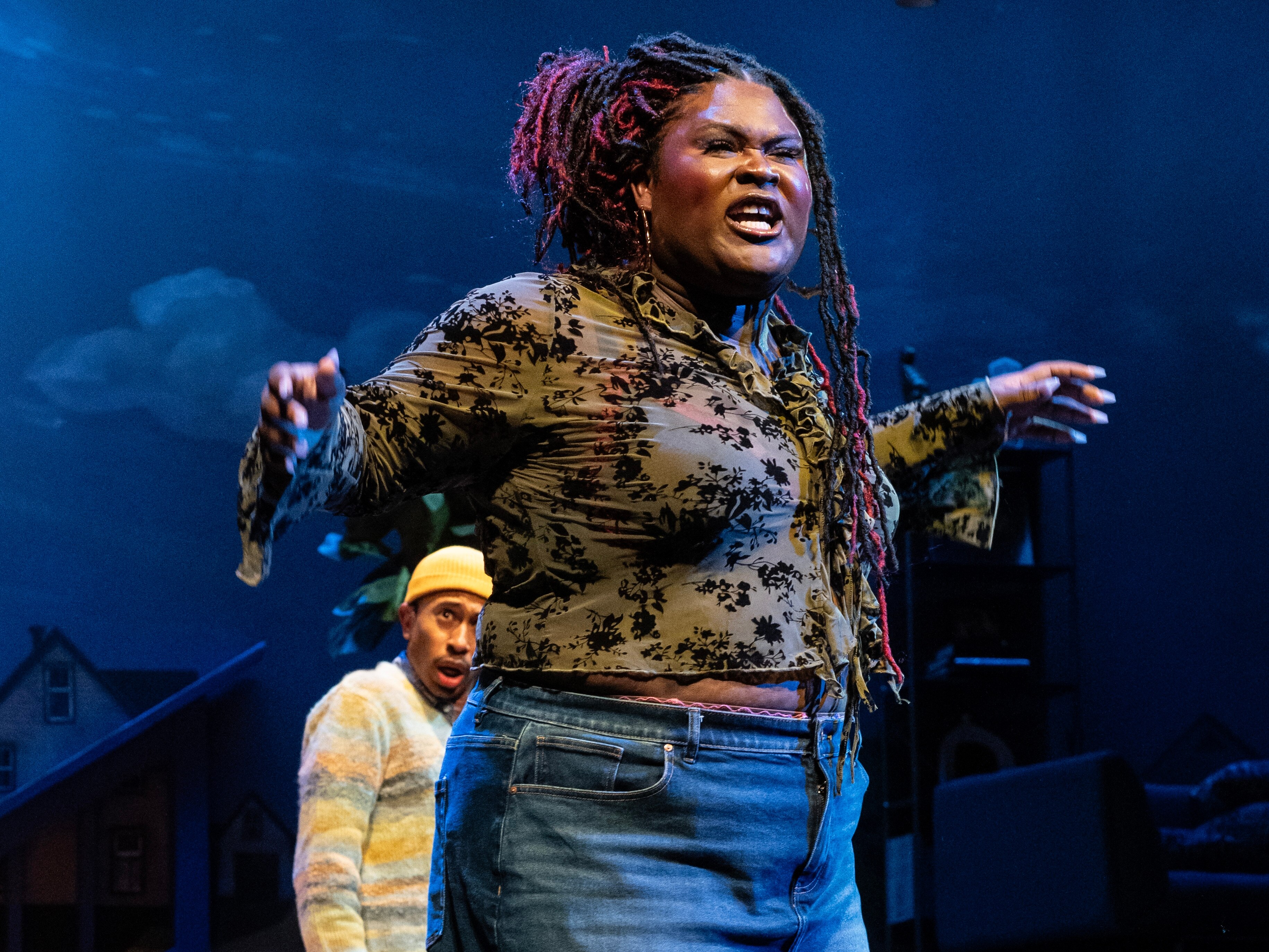 Sis Thee Doll, with actor Kalen Allen in the background, performs a scene in “Bocking,” which closes at Baltimore Center Stage on Sunday.