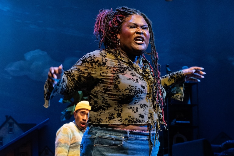 Sis Thee Doll, with actor Kalen Allen in the background, performs a scene in “Bocking,” which closes at Baltimore Center Stage on Sunday.