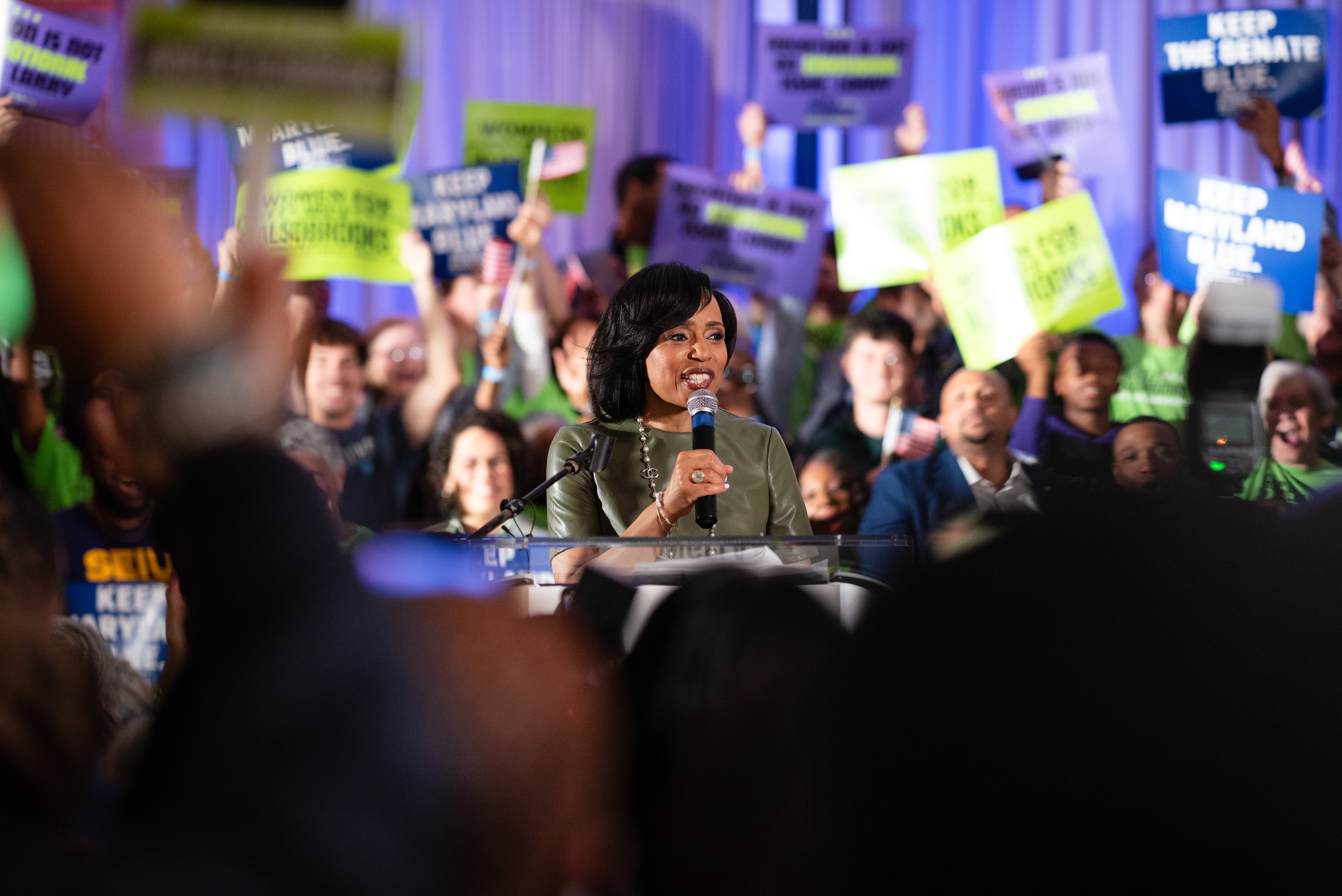 Senate Candidate Angela Alsobrooks speaks after the race was called in her favor at her election night party on 5/14/24 in Greenbelt, MD.
