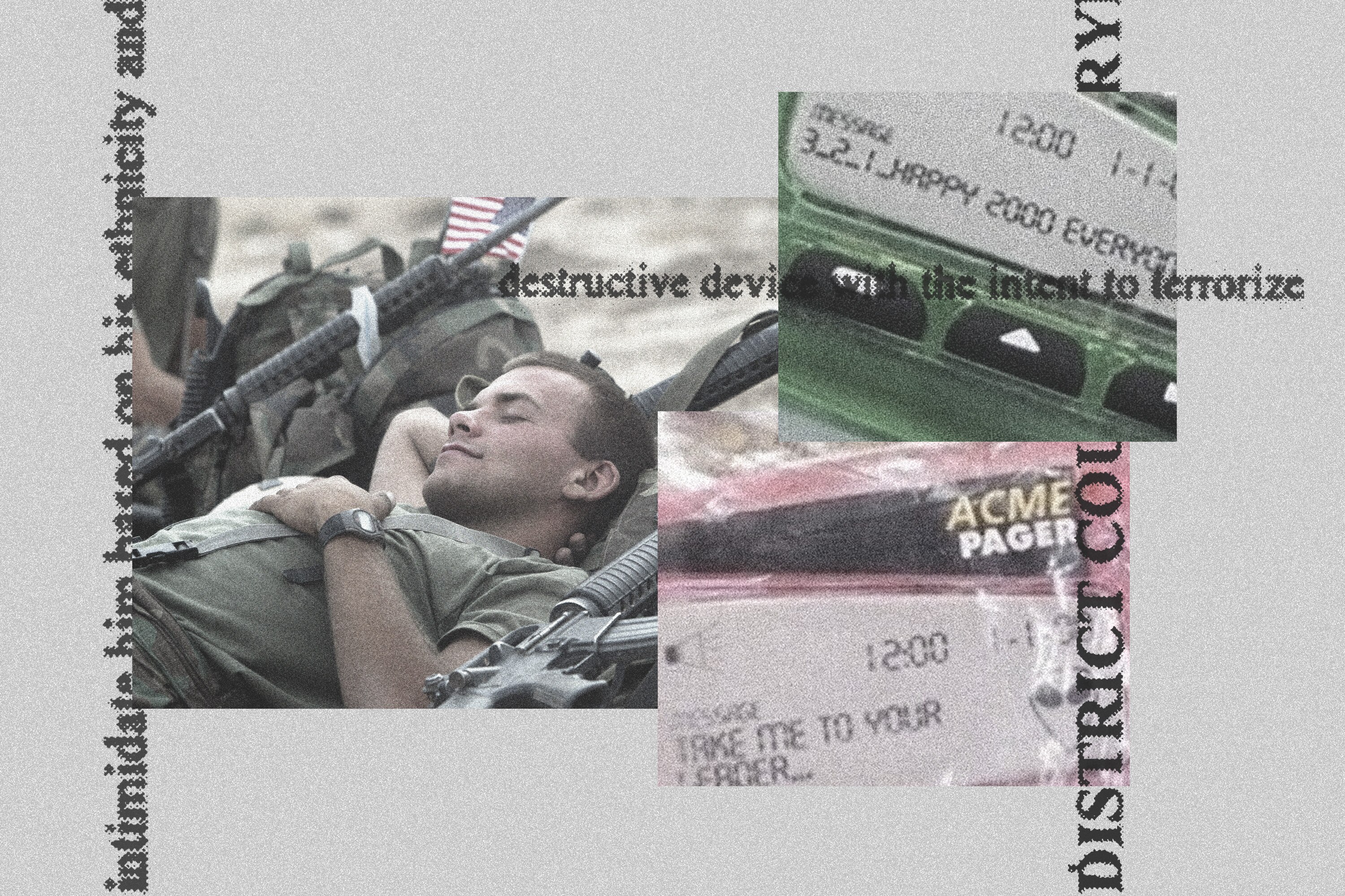 At left, Marine Lance Corporal Jeffrey Kopszywa in Iraq in 2003. At right, fake pagers sent to Hakeim Abu Khdeir in 2024.