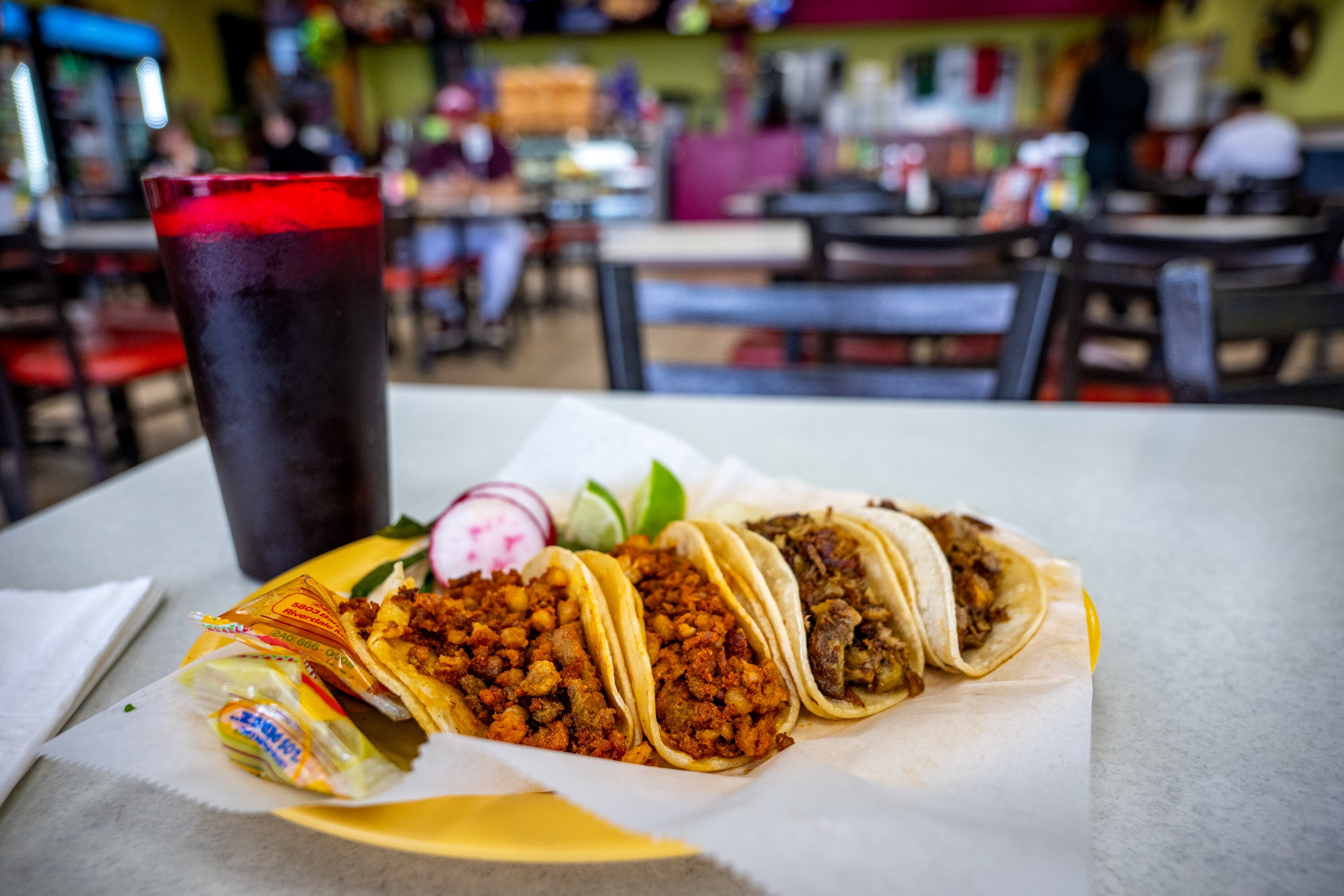 Chorizo and carnitas tacos at Taqueria Los Perez Dos, a family-run in a strip mall near West Patapsco and Annapolis Road in Cherry Hill.