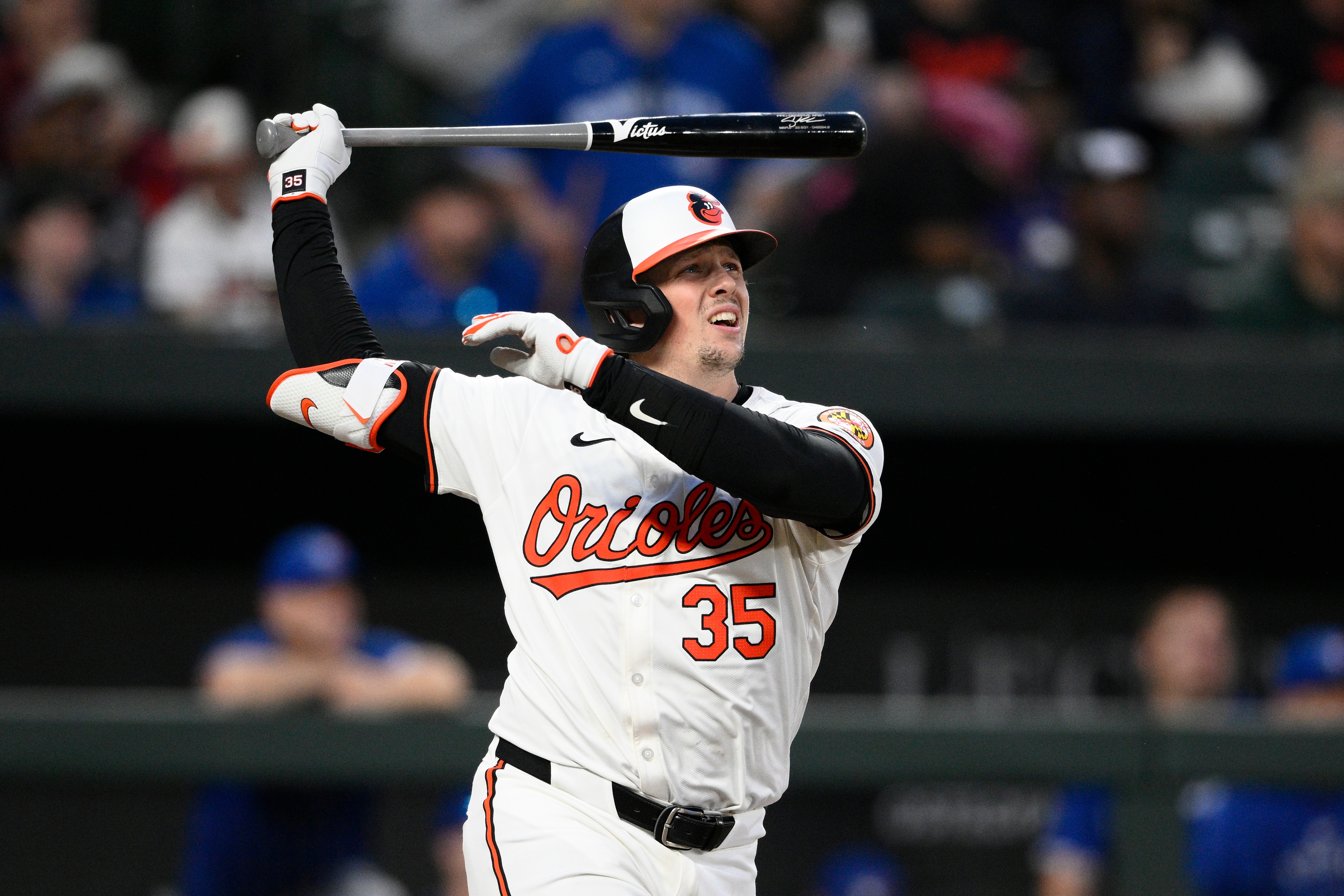 Baltimore Orioles’ Adley Rutschman watches his home run during the sixth inning against the Toronto Blue Jays on Monday.