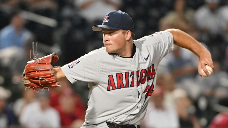 Jackson Kent pitches for the University of Arizona in a game against TCU on June 2, 2023.