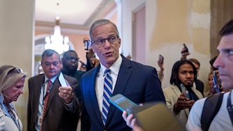 Senate Majority Leader John Thune, R-S.D., pauses for questions from reporters before votes on the immigration enforcement funding package, at the Capitol in Washington, Thursday, June 4, 2026.