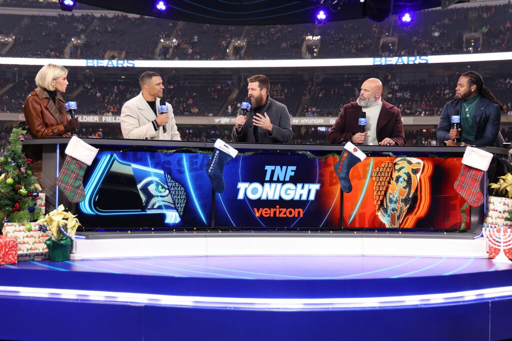 Charissa Thompson, Tony Gonzalez, Ryan Fitzpatrick, Andrew Whitworth and Richard Sherman on the set of “Thursday Night Football” on Amazon Prime’s pregame show prior to the game between the Seattle Seahawks and the Chicago Bears.