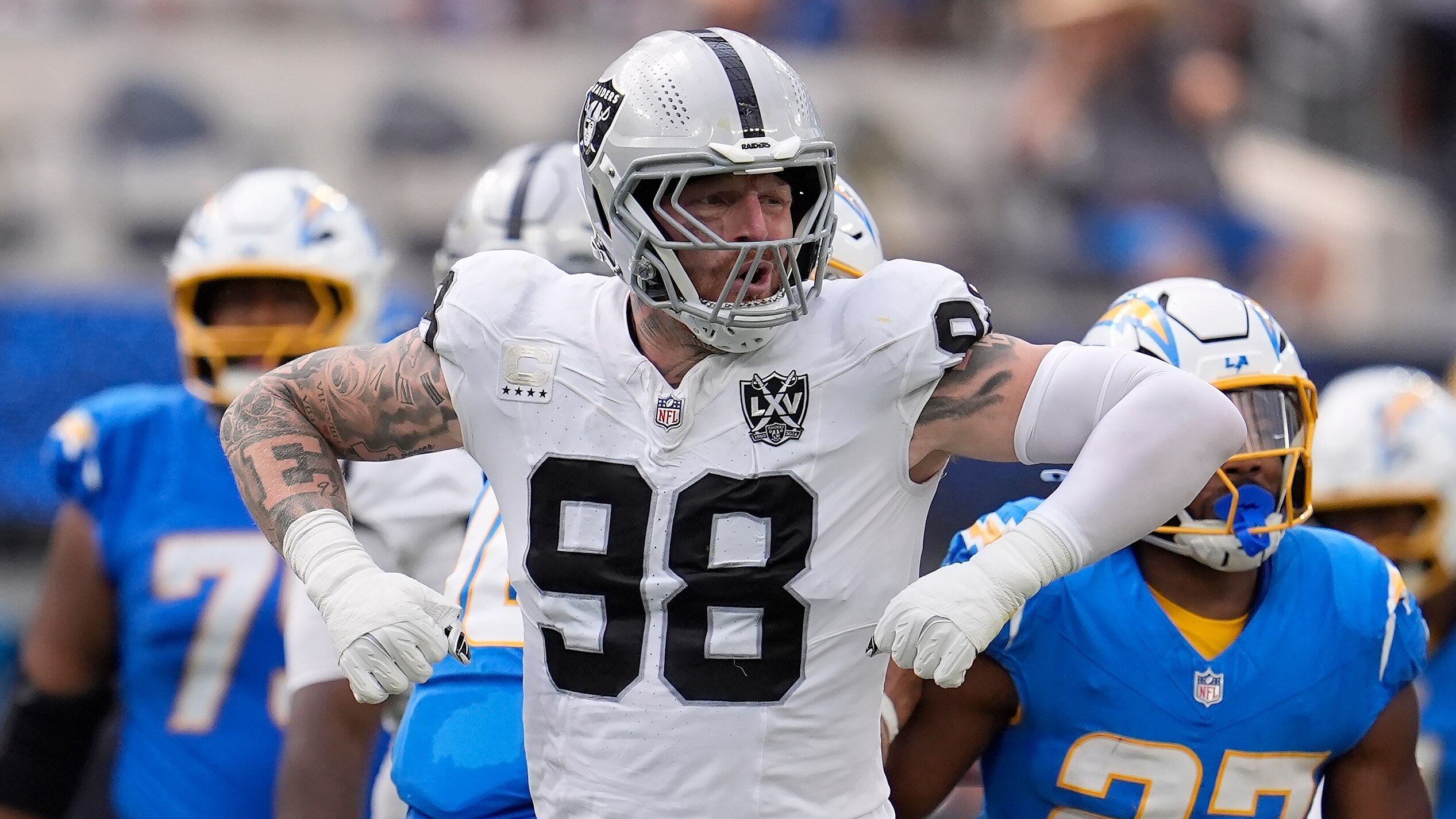 Las Vegas Raiders defensive end Maxx Crosby (98) reacts against the Los Angeles Chargers during the second half of an NFL football game, Sunday, Sept. 8, 2024, in Inglewood, Calif. (AP Photo/Marcio Jose Sanchez)