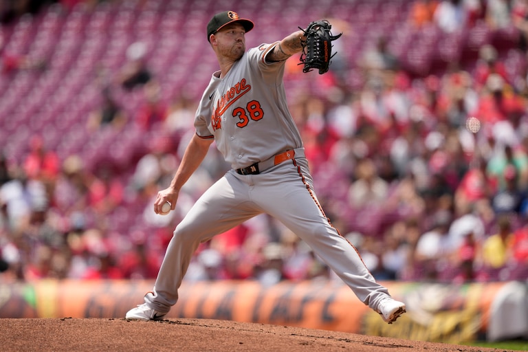 Baltimore Orioles pitcher Kyle Bradish throws during the first inning of a baseball game against Cincinnati Reds in Cincinnati, Sunday, July 5, 2026. (AP Photo/Carolyn Kaster)