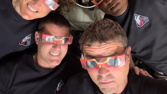 The Artemis II crew – Mission Specialist Christina Koch (top left), Mission Specialist Jeremy Hansen (bottom left), Commander Reid Wiseman (bottom right), and Pilot Victor Glover (top right) – uses eclipse viewers, identical to what NASA produced for the 2023 annular eclipse and 2024 total solar eclipse, to protect their eyes at key moments during the solar eclipse they experienced during their lunar flyby on April 6, 2026. This was the first use of eclipse glasses at the Moon to safely view a solar eclipse.