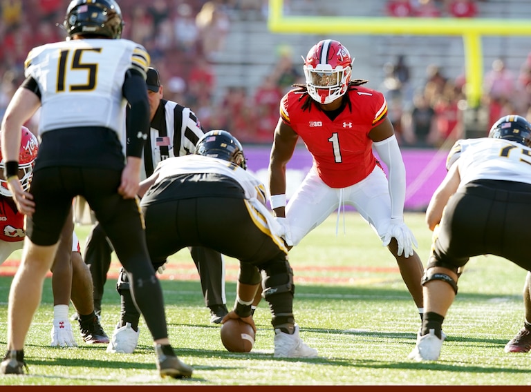University of Maryland’s LB #1 Jaishawn Barham during a 38-6 Victory over Towson University
