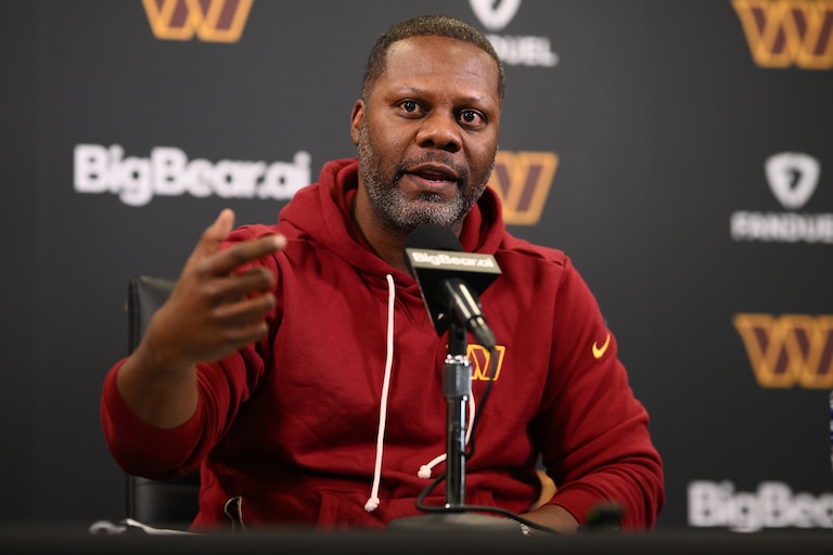 Washington Commanders defensive coordinator Daronte Jones speaks to the media during an NFL football press conference, Tuesday, Feb. 10, 2026, in Ashburn, Va. (AP Photo/Nick Wass)