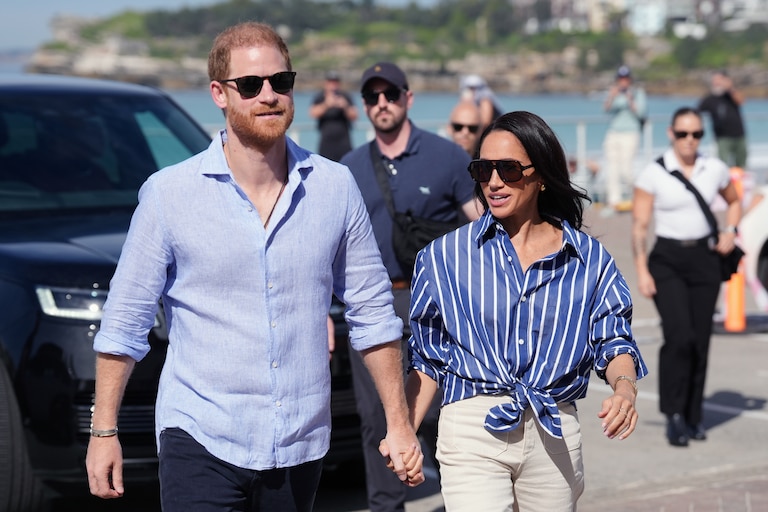 FILE - Prince Harry, and Meghan, the Duke and Duchess of Sussex, arrive for an event, during a visit to Bondi Beach, Australia, April 17, 2026.