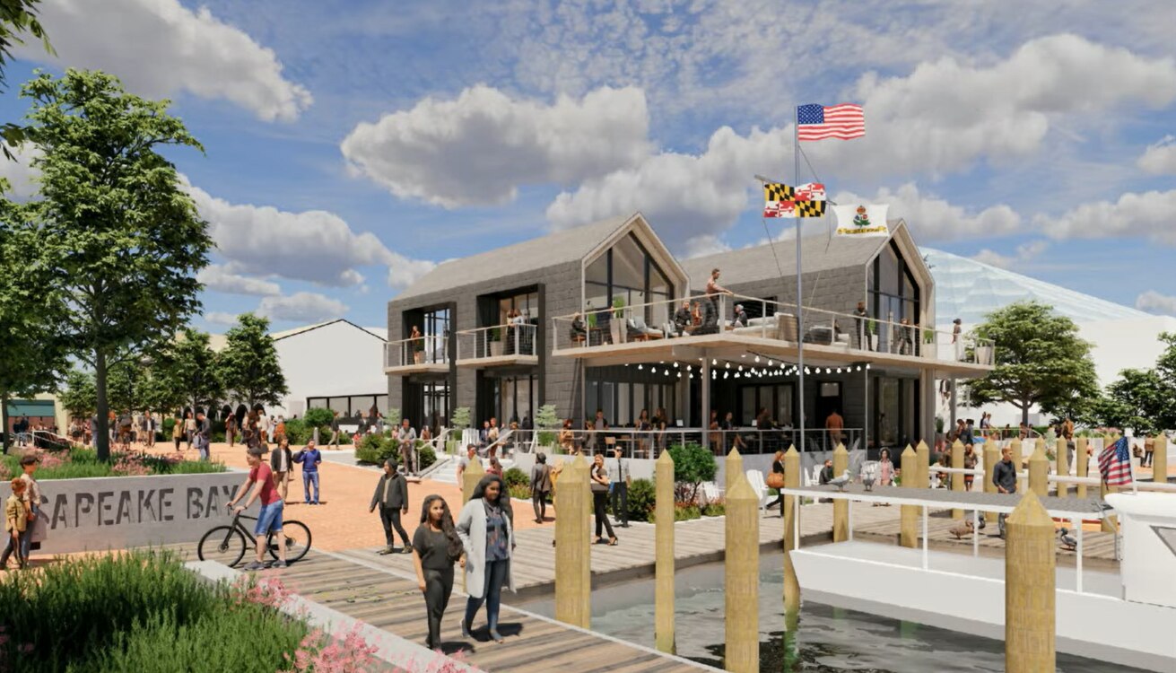 A rendering of the planned Maritime Welcome Center shows how it would look from the end of City Dock, where a new park will be built as part of a flood protection project.