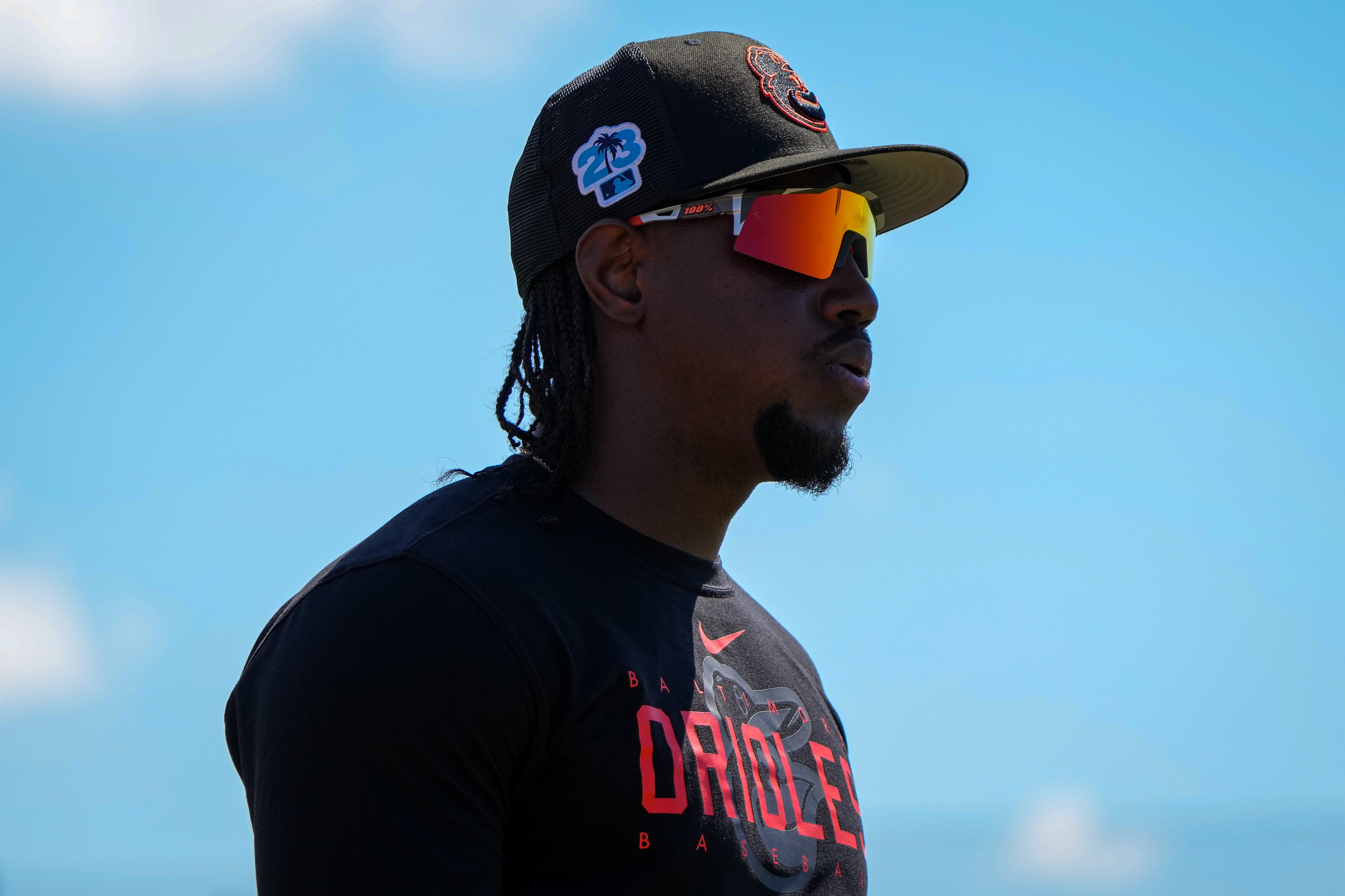 INF Jorge Mateo walks off the field after practice at Ed Smith Stadium in Sarasota on 2/22/23. The Baltimore Orioles’ Spring Training session runs from mid-February through the end of March.