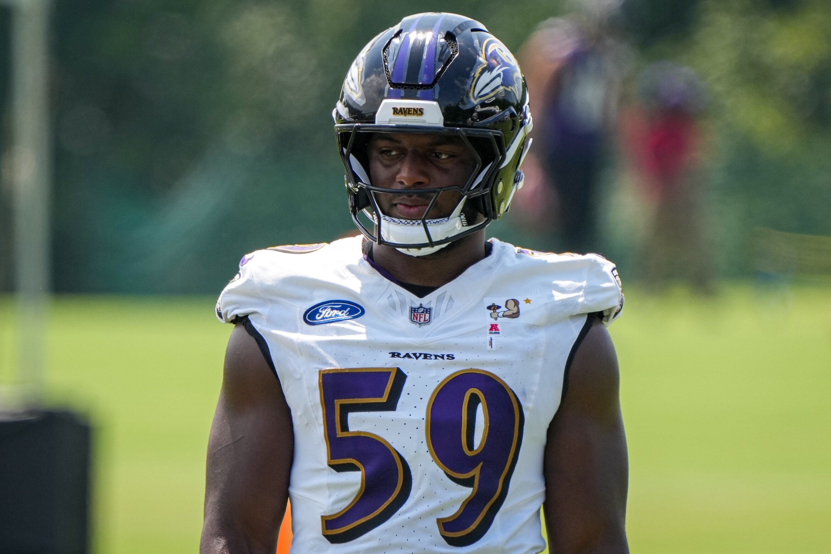 Baltimore Ravens outside linebacker Malik Hamm (59) prepares to run a drill during the team’s 2024 Training Camp at the Under Armour Performance Center in Owings Mills on Tuesday, July 23, 2024.