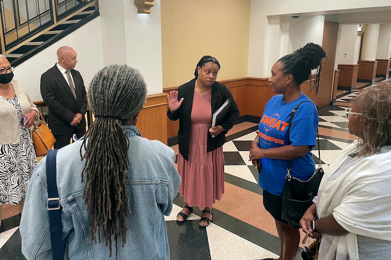 Tonya Sweat addresses supporters after a judge rejected her request to pause the certification of general election ballots.
