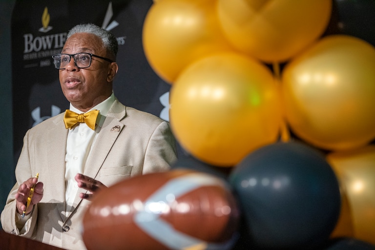 Clyde Doughty speaking at Bowie University.