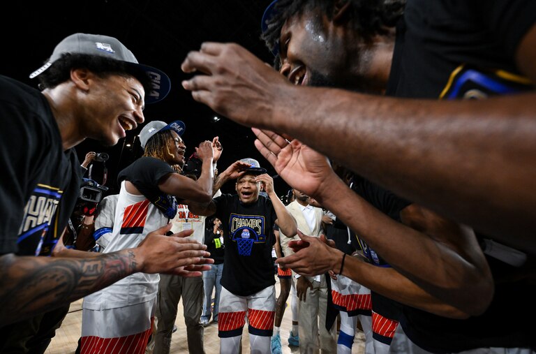 Virginia State players celebrate after defeating Bluefield State in the CIAA men’s final college basketball game, Saturday, Mar. 1, 2025, in Baltimore, Md.