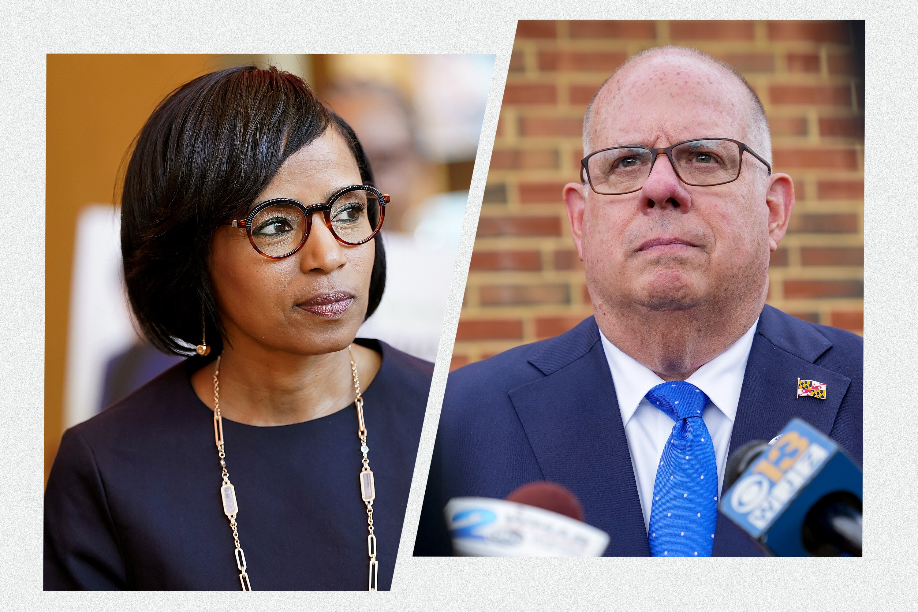 Angela Alsobrooks on Aug. 15, 2023; Gov. Larry Hogan on July 7, 2022.