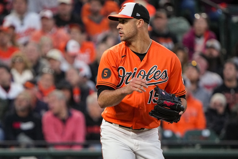 Baltimore Orioles starting pitcher Jack Flaherty pitches during Game 2 of the American League Divisional Series against the Texas Rangers at Camden Yards on Sunday, October 8, 2023.