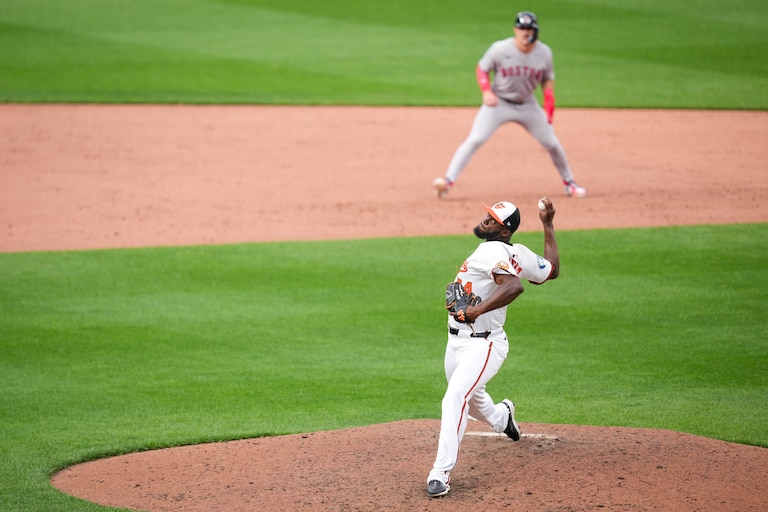 Baltimore Orioles pitcher Félix Bautista (74) prepares to deliver a pitch during the team’s home opening game against the Boston Red Sox at Oriole Park at Camden Yards in Baltimore, Md. on Monday, March 31, 2025.