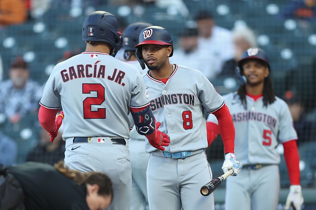 Washington Nationals first baseman Luis Garcia Jr. Nationals celebrates with Jose Tena after hitting a two-run home run in the top of the first inning against the San Francisco Giants.