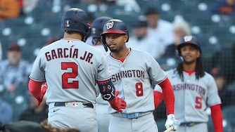 Washington Nationals first baseman Luis Garcia Jr. Nationals celebrates with Jose Tena after hitting a two-run home run in the top of the first inning against the San Francisco Giants.