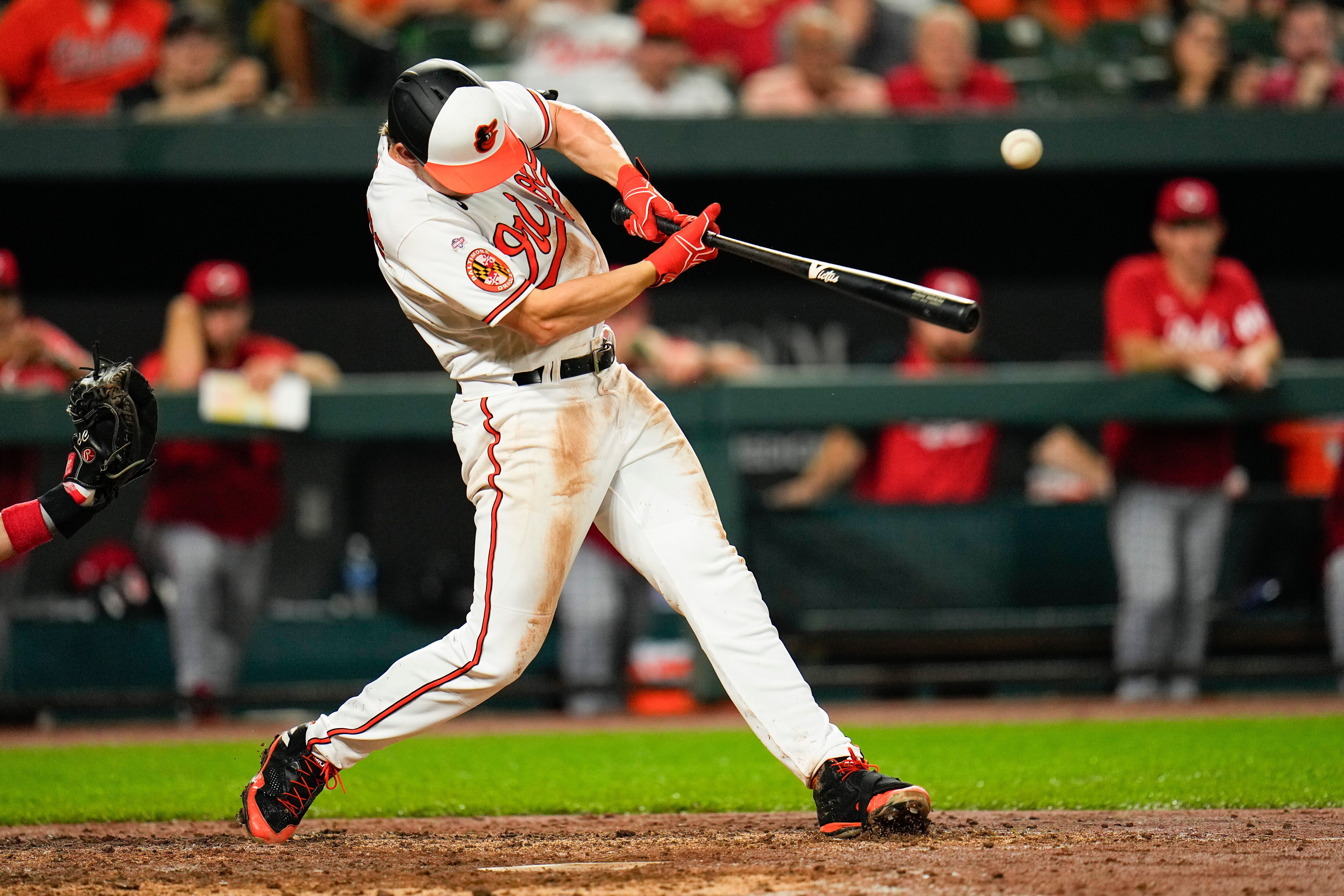 Baltimore Orioles' Jordan Westburg connects for his first major league hit during the fifth inning of a baseball game against the Cincinnati Reds, Monday, June 26, 2023, in Baltimore.