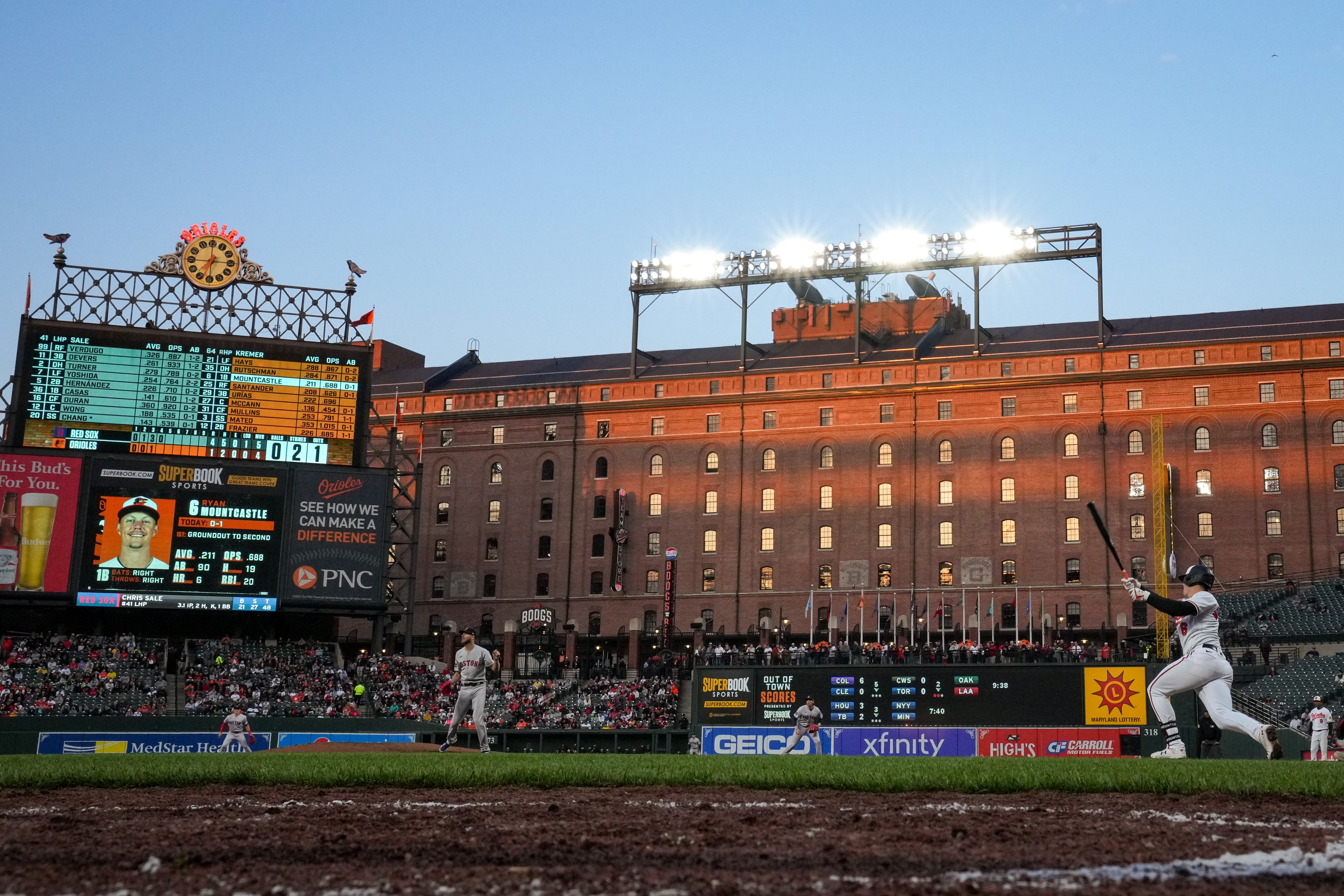Baltimore Orioles first baseman Ryan Mountcastle (6) singles in a baseball game against the Boston Red Sox at Camden Yards on Monday, April 24. The Orioles beat the Red Sox, 5-4, in the first game of the series.