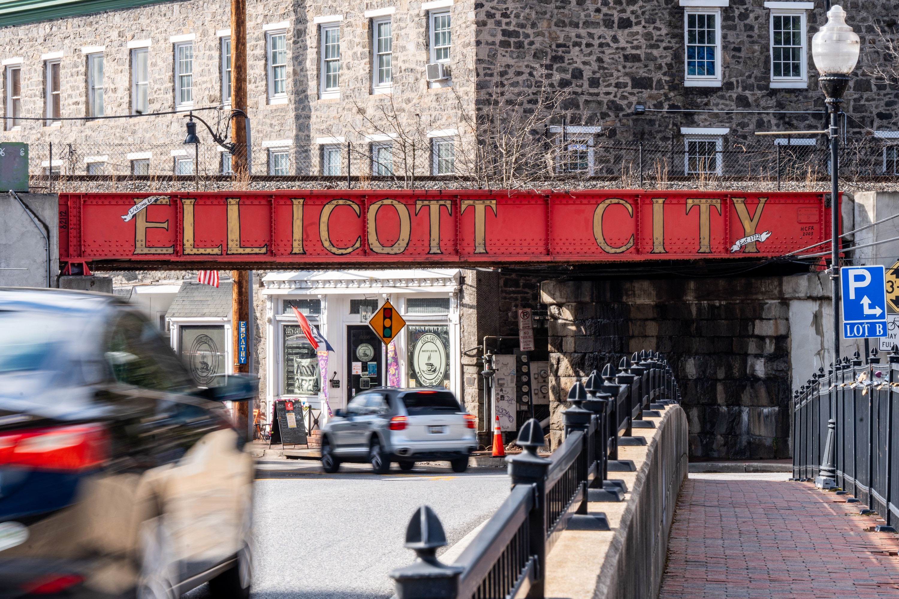 The bridge welcoming visitors to Old Ellicott City is seen on Tuesday, Feb. 13, 2024.