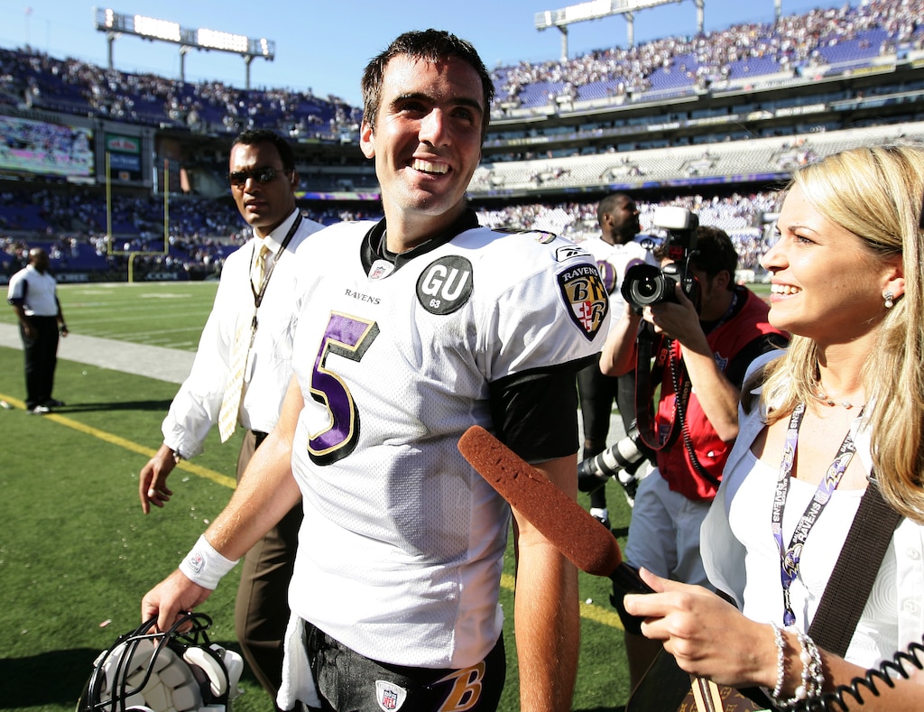 BALTIMORE - SEPTEMBER 7: Quarterback Joe Flacco #5 of the Baltimore Ravens smiles as he walks off the field against the Cincinnati Bengals at M & T Bank Stadium on September 7, 2008 in Baltimore, Maryland. The Ravens won 17-10.